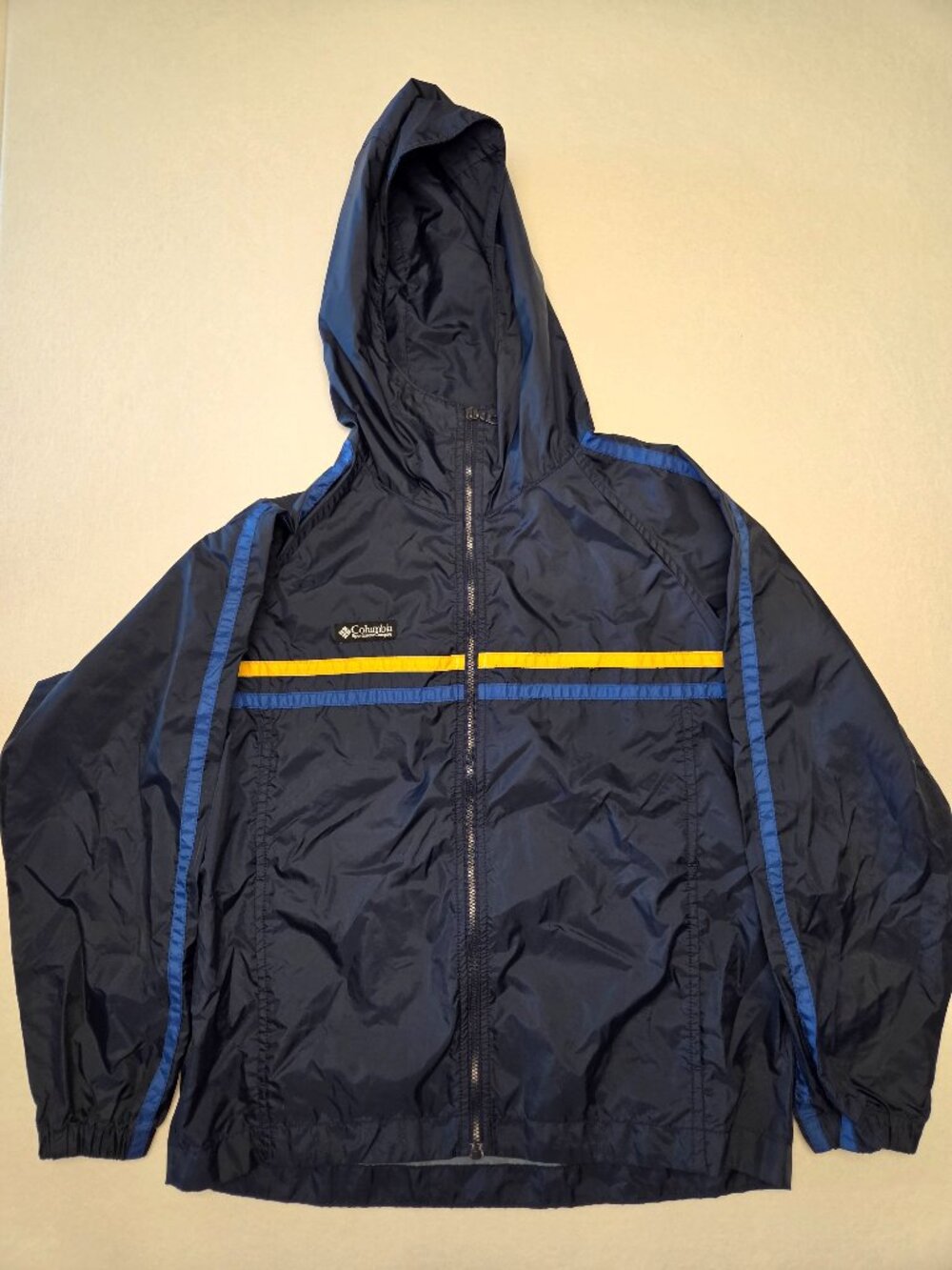 Vintage Columbia Boys Windbreaker Jacket 10/12 Navy Blue Yellow Hooded 90s